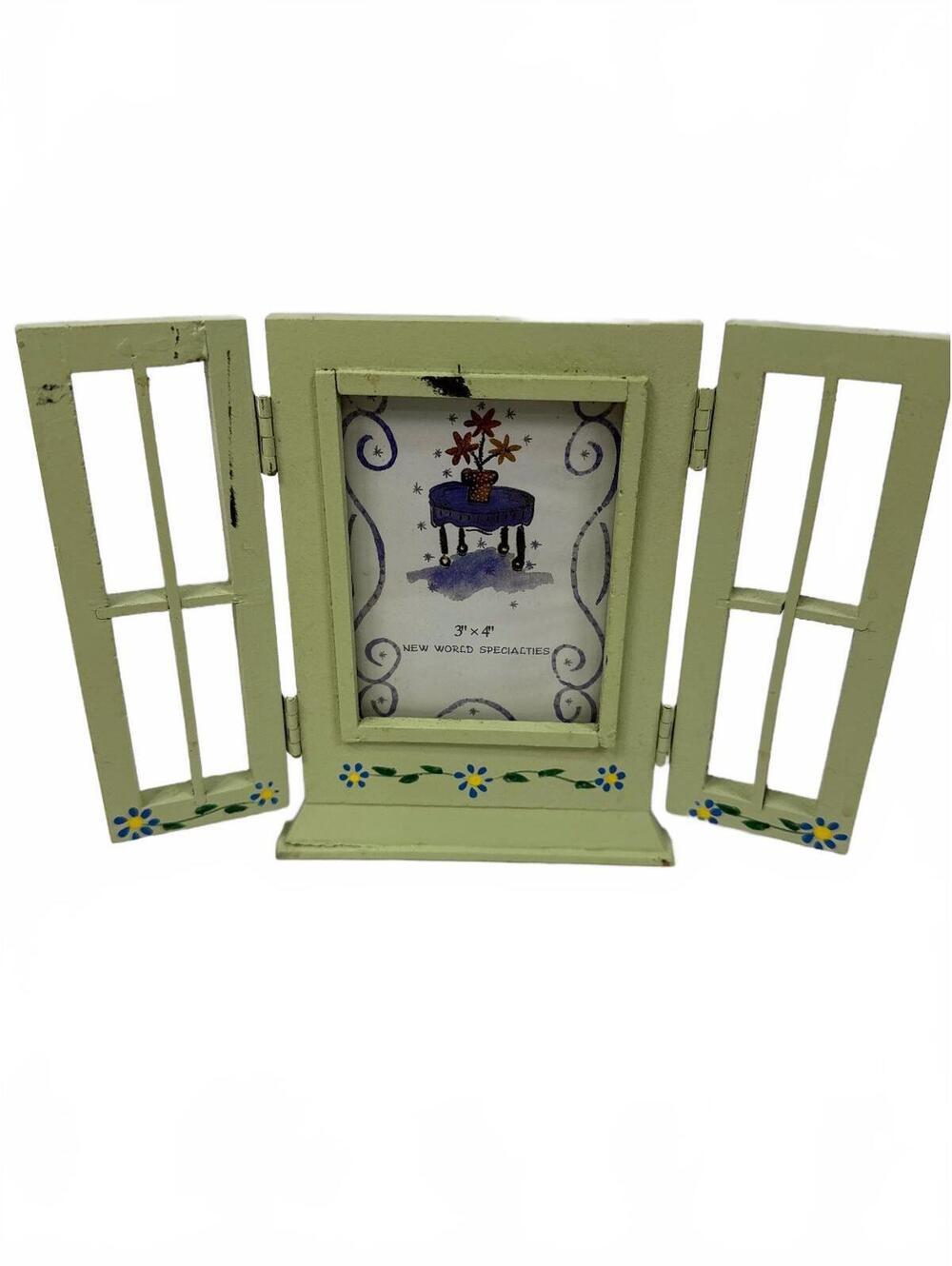 Vintage Green Wooden Window Frame Photo Picture Frame with Hand-Painted Blue and